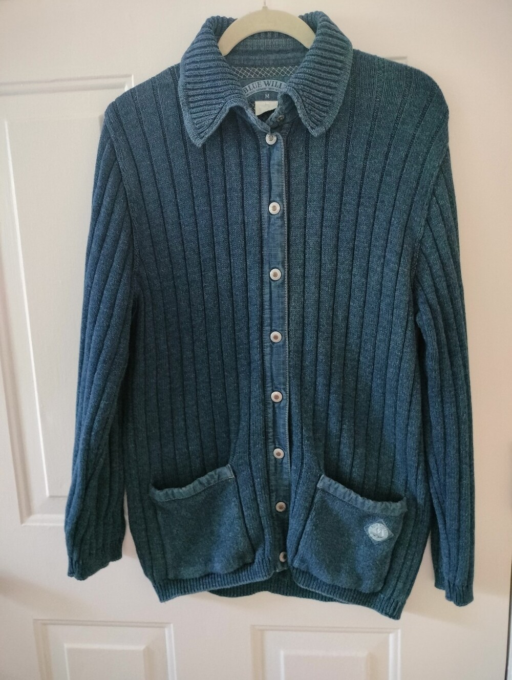 VTG Blue Willi's Denim Indigo M Snap Front Knit Sweater Jacket Coastal Fisherman